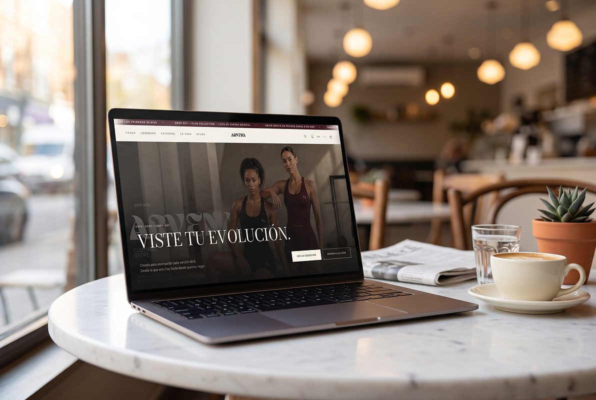 La tienda ARVENA abierta en un portátil sobre una mesa de café