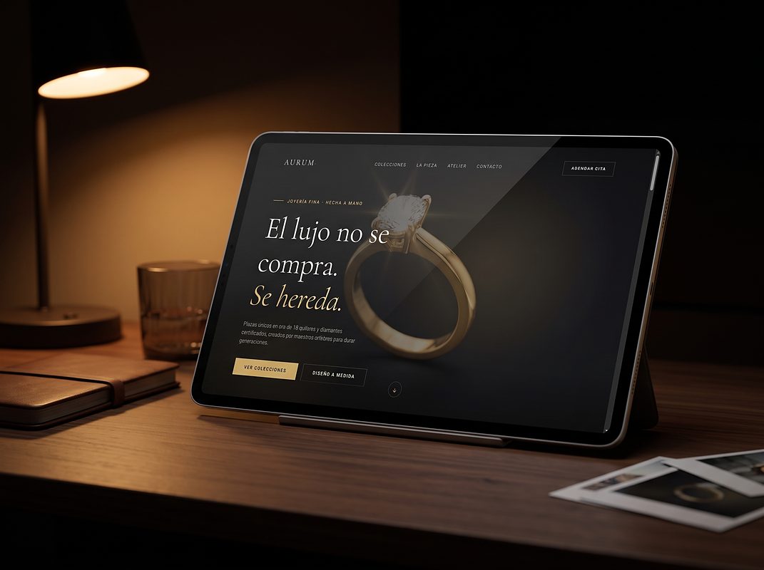 La landing de AURUM en una tablet sobre un escritorio de noche