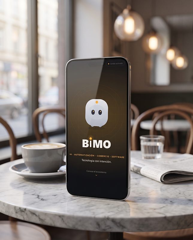 BIMO abierto en un celular sobre una mesa de café
