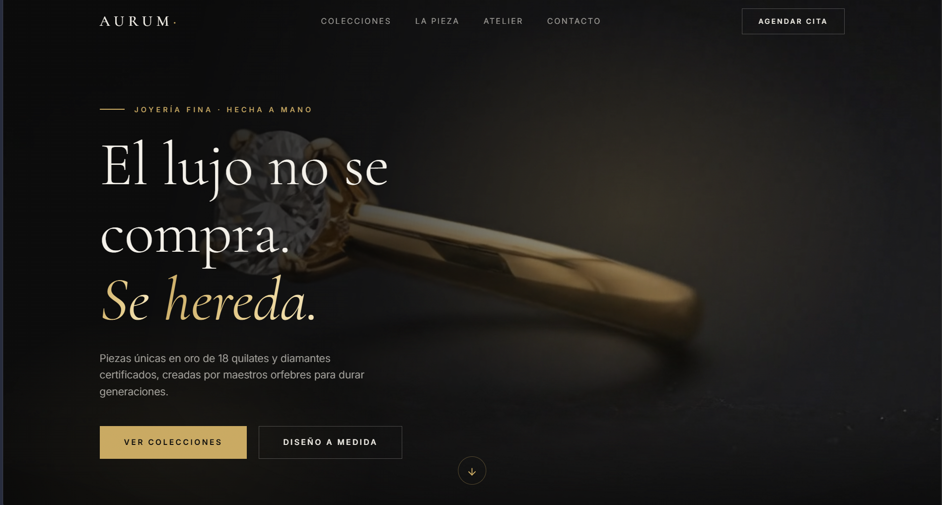 Landing page para AURUM, joyería fina hecha a mano